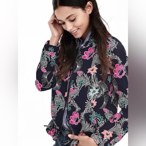 Banana Republic Bird Print Navy Floral Drapey Bomber Jacket, Full Zip, Lined, S - Picture 2 of 16